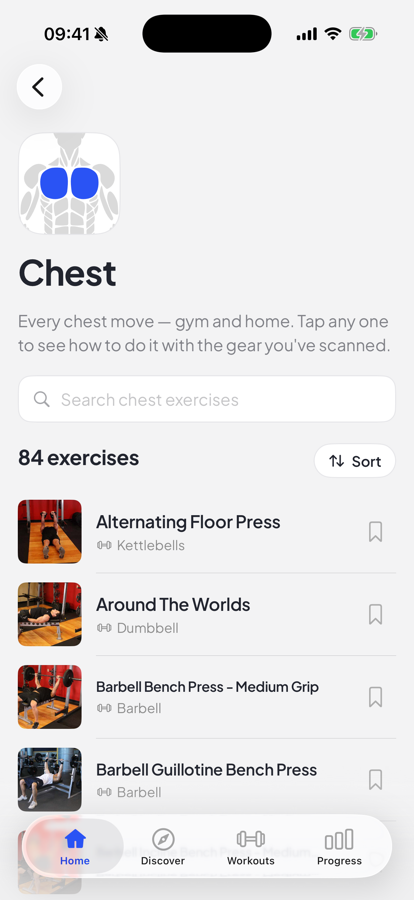 The Liftr exercise catalogue, filtered to chest